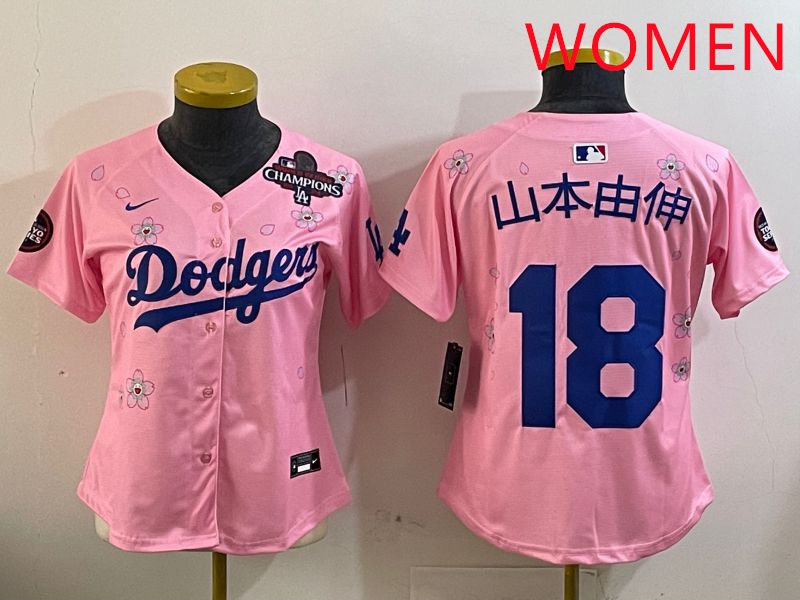 Women Los Angeles Dodgers 18 Yamamoto Pink Sakura Edition 2025 Nike MLB Jersey style 2